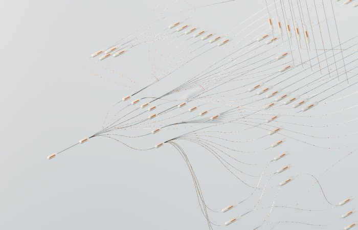 Abstract illustration depicting complex digital neural networks and data flow.